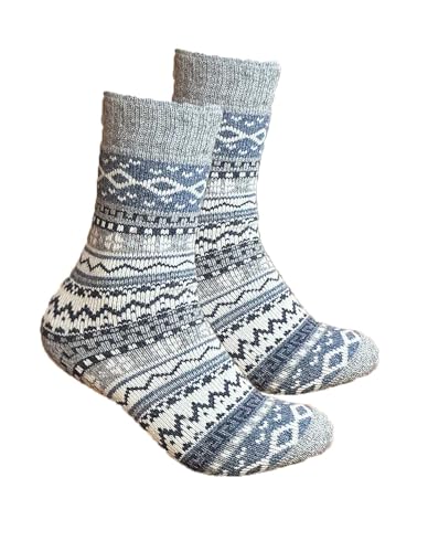 Abolengo de Alpaca Alpaka Socken Miraflores, kuschelig weich mit schönem Muster in drei Größen, 39-42, hellgrau mit blau von Abolengo de Alpaca