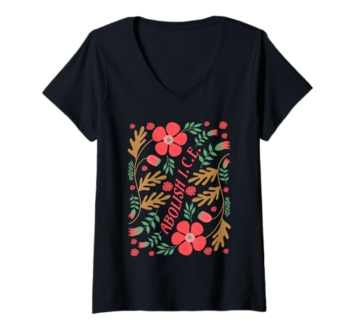 Damen Dezenter Eisschutz T-Shirt mit V-Ausschnitt Damen Dezenter Eisschutz T-Shirt mit V-Ausschnitt von Abolish ICE Floral Shirts For Immigrant Rights