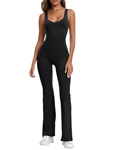 Abonlen Damen-Jumpsuit mit weitem Bein, ärmellos, Tank, lässig, Herzausschnitt, Strampler, 1 Stück, Schwarz, Medium von Abonlen