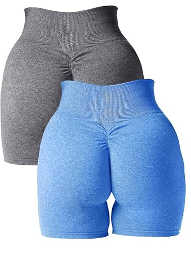 Abonlen Damen Scrunch Nahtlose 2-teilige Workout-Shorts, hohe Taille, Yoga-Shorts, Fitnessstudio, Laufen, athletische Biker-Shorts, grau-blau, Mittel von Abonlen