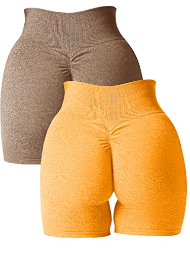 Abonlen Damen Scrunch Nahtlose 2-teilige Workout-Shorts Hohe Taille Yoga Shorts Gym Laufen Athletic Biker Shorts, Braun-golden-gelb, Groß von Abonlen