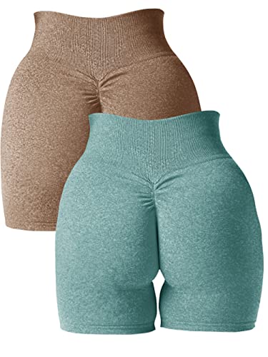 Abonlen Damen Scrunch Nahtlose 2-teilige Workout-Shorts Hohe Taille Yoga Shorts Gym Laufen Athletic Biker Shorts, Braun-salbeigrün, Klein von Abonlen