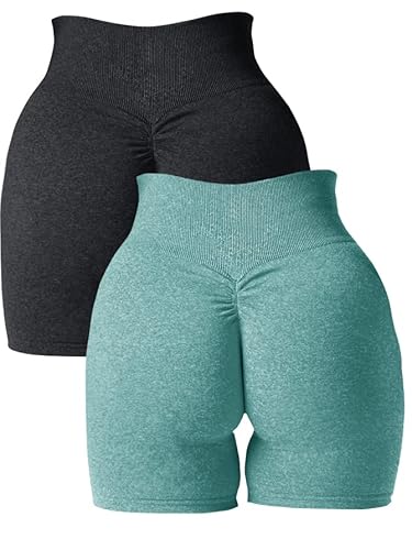 Abonlen Damen Scrunch Nahtlose 2-teilige Workout-Shorts Hohe Taille Yoga Shorts Gym Laufen Athletic Biker Shorts, Schwarz-salbeigrün, Groß von Abonlen