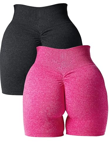 Abonlen Damen Scrunch Nahtlose 2-teilige Workout-Shorts Hohe Taille Yoga Shorts Gym Laufen Athletic Biker Shorts, Schwarzkarminrot, Mittel von Abonlen