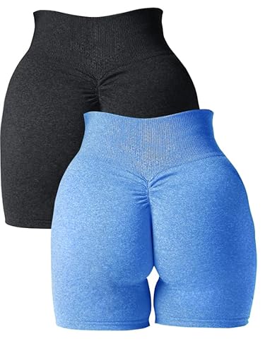 Abonlen Damen Scrunch Nahtlose 2-teilige Workout-Shorts Hohe Taille Yoga Shorts Gym Laufen Athletic Biker Shorts, schwarz / blau, Groß von Abonlen