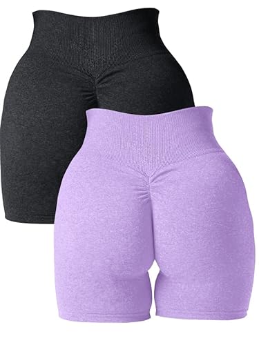 Abonlen Damen Scrunch Nahtlose 2-teilige Workout-Shorts Hohe Taille Yoga Shorts Gym Laufen Athletic Biker Shorts, schwarz / violett, Mittel von Abonlen