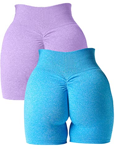 Abonlen Damen Scrunch Nahtlose 2-teilige Workout-Shorts Hohe Taille Yoga Shorts Gym Laufen Athletic Biker Shorts, türkis-lila, Klein von Abonlen