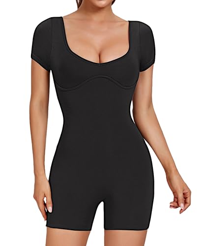 Abonlen Kurzärmeliger Strampler für Damen, doppelt gefüttert, einteilig, Damen-Jumpsuit, Shorts, rückenfreies Oberteil, lässig, figurbetont, Schwarz, Small von Abonlen