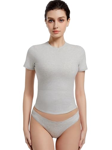 Abonlen Kurzärmeliges T-Shirt mit Rundhalsausschnitt für Damen, tailliertes Basic TeesY2k Going Out Tops, Grau, Groß von Abonlen