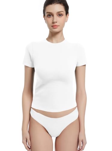 Abonlen Kurzärmeliges T-Shirt mit Rundhalsausschnitt für Damen, tailliertes Basic TeesY2k Going Out Tops, Weiss/opulenter Garten, Klein von Abonlen