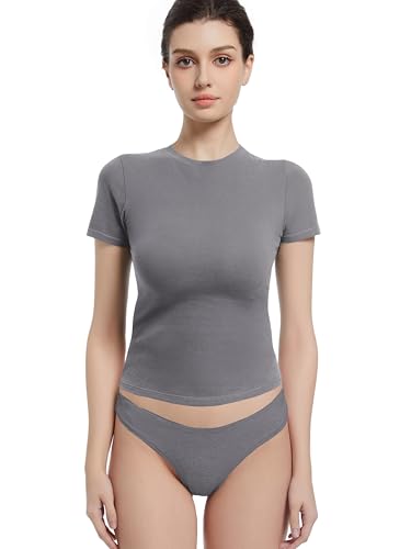 Abonlen Kurzärmeliges T-Shirt mit Rundhalsausschnitt für Damen, tailliertes Basic TeesY2k Going Out Tops, dunkelgrau, Klein von Abonlen
