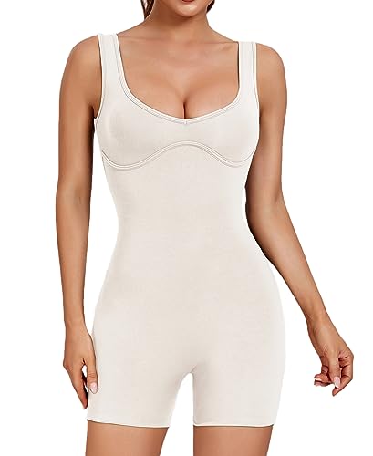 Abonlen Sweetheart Ausschnitt Strampler für Frauen Einteiler Jumpsuits Shorts Rückenfreies Top Ärmellos Bodysuit, Cremefarben/Weiß, Large von Abonlen