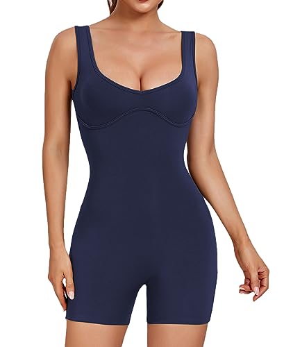 Abonlen Sweetheart Ausschnitt Strampler für Frauen Einteiler Jumpsuits Shorts Rückenfreies Top Ärmellos Bodysuit, Dunkelblau, Small von Abonlen