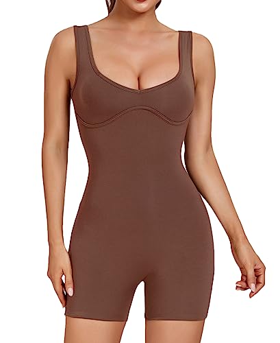 Abonlen Sweetheart Ausschnitt Strampler für Frauen Einteiler Jumpsuits Shorts Rückenfreies Top Ärmellos Bodysuit, Kaffee, Medium von Abonlen