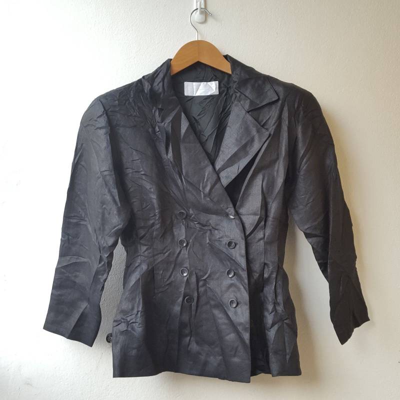 Vintage Genny Schwarzer Zweireihiger Leinen Blazer - Usa Größe 8 von AbourShop