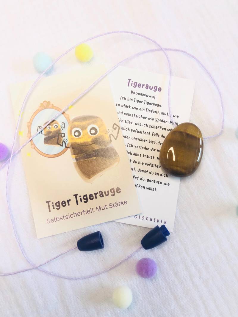 Personalisierte Edelsteinkette "Tiger Tigerauge" - Edelsteinanhänger Tigerauge-Anhänger Mutmacher Kinderkette Aus Edelstein von AbrakadabraSteineDE