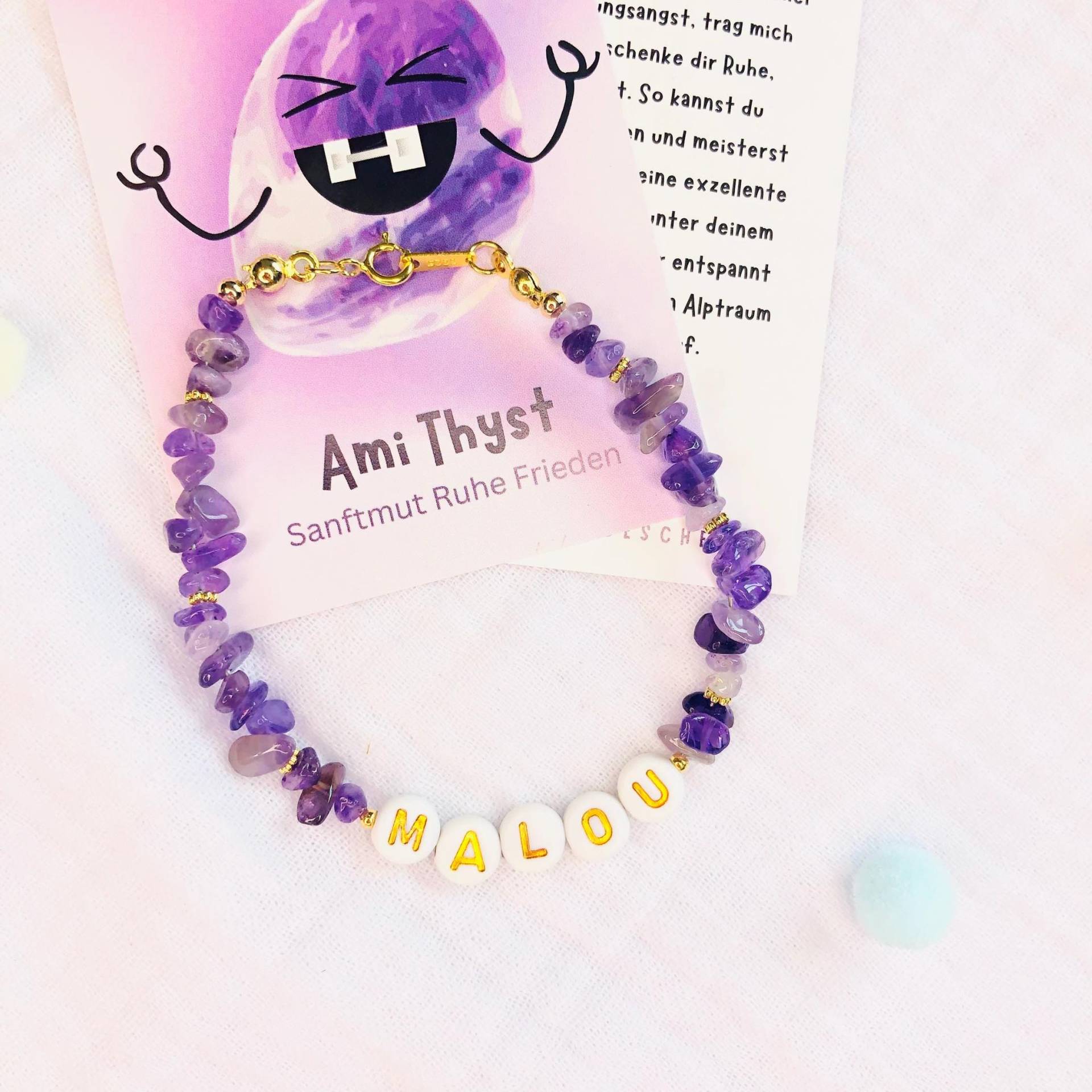 Personalisiertes Edelstein Armband"Lucky Purple"-Amethyst Edelstein-Glücksarmband-Heilstein Edelstein-Geschenkidee-21cm Lang - Namensarmband von AbrakadabraSteineDE