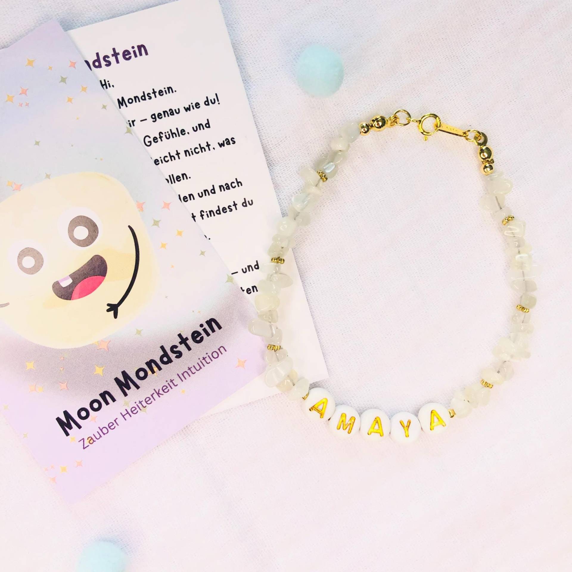 Personalisiertes Edelstein Armband "Mooni 2. Kids" - Mondsteinarmband Glücksarmband Kinderarmband- Einschulungsgeschenkidee 15cm Lang von AbrakadabraSteineDE