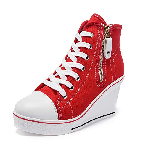 Zoifada Damen Canvas Keilabsatz Schuhe Sneaker mit Absatzhöhe Trunschuhe für Sport Freizeit Laufschuhe mehrere Farben Rot,39 von Zoifada