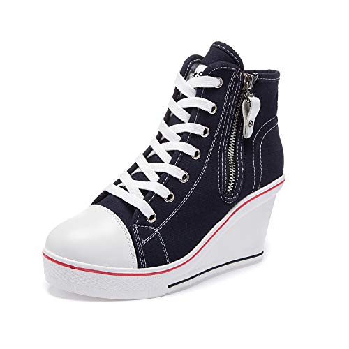 Zoifada Damen Canvas Keilabsatz Schuhe Sneaker mit Absatzhöhe Trunschuhe für Sport Freizeit Laufschuhe mehrere Farben Dunkelblau,36 von Zoifada