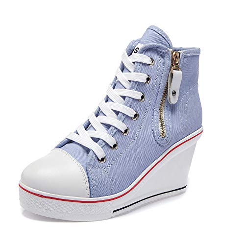 Zoifada Damen Canvas Keilabsatz Schuhe Sneaker mit Absatzhöhe Trunschuhe für Sport Freizeit Laufschuhe mehrere Farben Blau,37 von Zoifada
