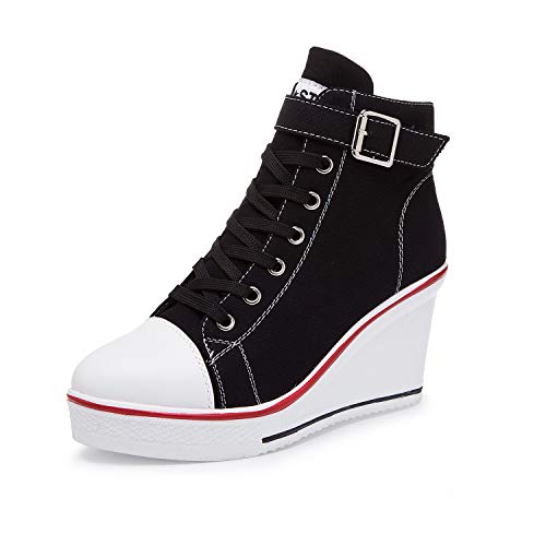 Zoifada Damen Canvas Keilabsatz Schuhe Sneaker mit Absatzhöhe Trunschuhe für Sport Freizeit Laufschuhe mehrere Farben Schwarz,35 von Zoifada