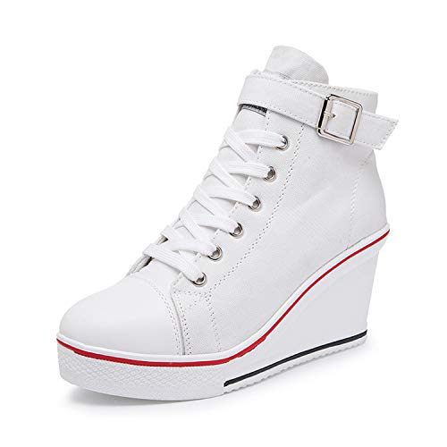 Zoifada Damen Canvas Keilabsatz Schuhe Sneaker mit Absatzhöhe Trunschuhe für Sport Freizeit Laufschuhe mehrere Farben Weiß,35 von Zoifada