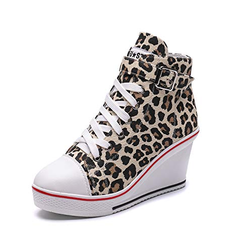 Zoifada Damen Canvas Keilabsatz Schuhe Sneaker mit Absatzhöhe Trunschuhe für Sport Freizeit Laufschuhe mehrere Farben Leopard,38 von Zoifada