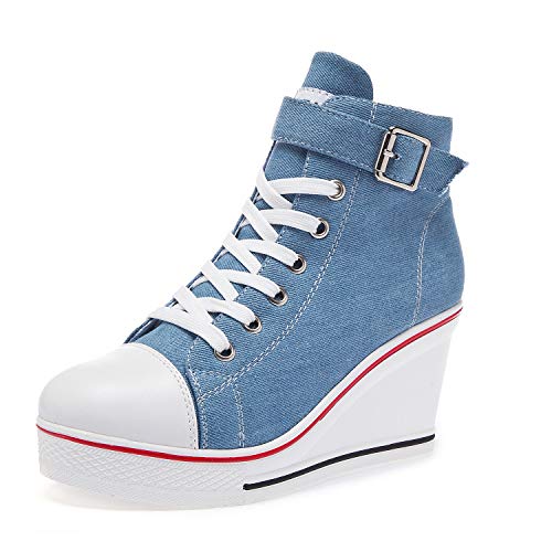 Zoifada Damen Canvas Keilabsatz Schuhe Sneaker mit Absatzhöhe Trunschuhe für Sport Freizeit Laufschuhe mehrere Farben Jeansblau,37 von Zoifada