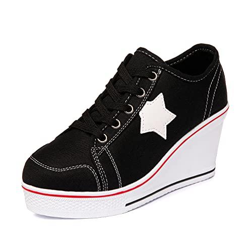 Zoifada Damen Canvas Keilabsatz Schuhe Sneaker mit Absatzhöhe Trunschuhe für Sport Freizeit Laufschuhe mehrere Farben Schwarz,36 von Zoifada