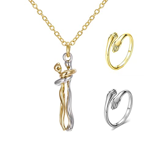 Abreli Umarmung Anhänger Halskette, Paar Umarmende Hände 925 Sterling Silber Verstellbarer Ringe,Paare Umarmung Halskette Ringe Charme Schmuck Geschenk für Frau Mädchen Mutter Tochter (Silver+Gold) von Abreli