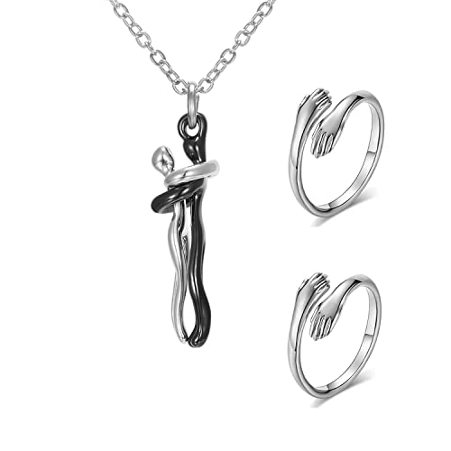 Abreli Umarmung Anhänger Halskette, Paar Umarmende Hände 925 Sterling Silber Verstellbarer Ringe,Paare Umarmung Halskette Ringe Charme Schmuck Geschenk für Frau Mädchen Mutter Tochter (Silver+Black) von Abreli
