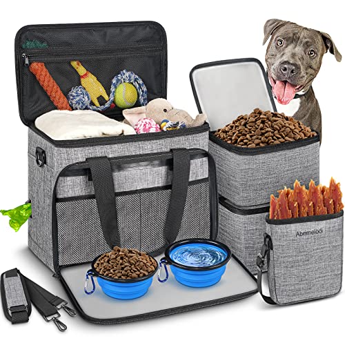 Abrimelodi 6-teiliges Hunde-Reisetasche, großes Haustier-Reise-Set für Zubehör, enthält 2 Futterbehälter, 1 Reise-Organizer für Hunde, 2 Faltbare Näpfe, 1 Leckerli-Tasche, Hunde-Wochenend-Reisetasche von Abrimelodi