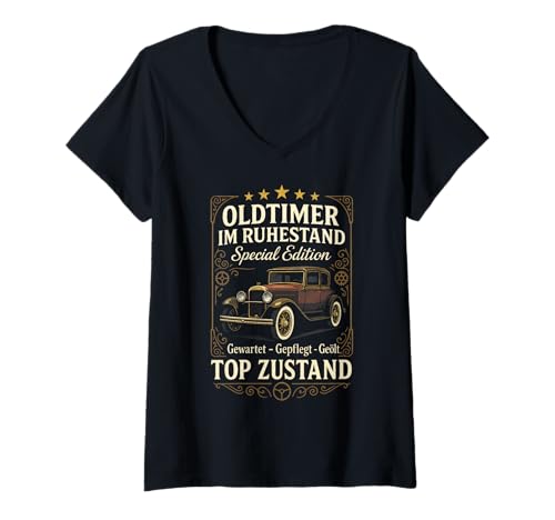 Damen Oldtimer Im Ruhestand Special Edition T-Shirt mit V-Ausschnitt von Abschiedsgeschenk Renteneintritt