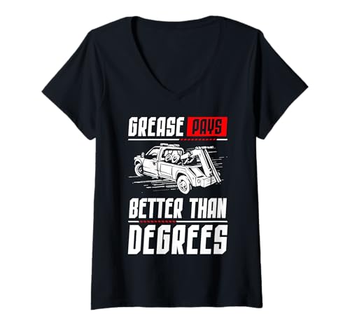 Damen Grease Pays Better Than Degrees Tow Truck Driver T-Shirt mit V-Ausschnitt Damen Grease Pays Better Than Degrees Tow Truck Driver T-Shirt mit V-Ausschnitt von Abschleppdienst Designs Abschleppfahrer Idee