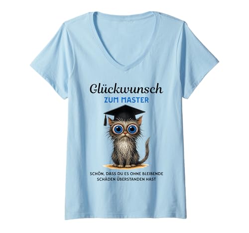 Damen Glückwunsch zum Master ohne Schäden Katze Spaß T-Shirt mit V-Ausschnitt von Abschluss Humor Katze Uni
