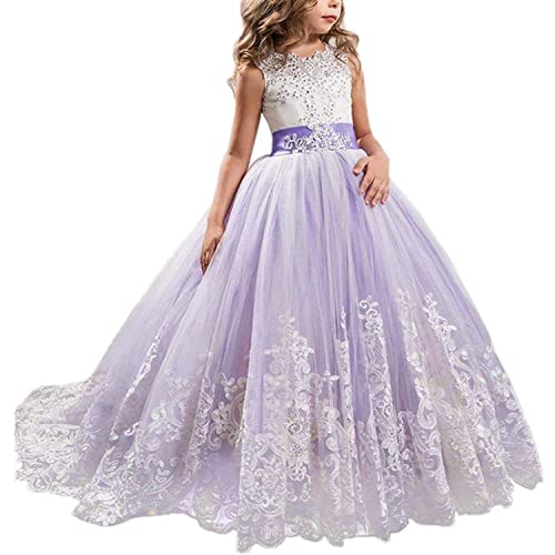 Absead Mädchen Lang Festzug Hochzeit Kleider Kinder Abschlussball Geschwollen Tüll Ball Kleid Größe 160(11-12 Jahre,Violett) von Absead