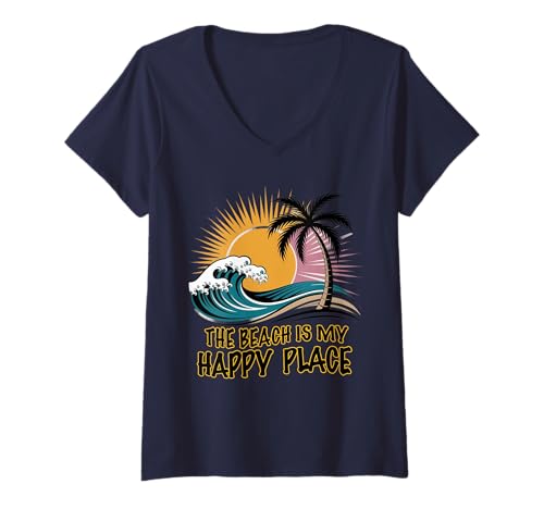 Damen Strandhemd Damen The Beach is My Happy Place Casual Sommer T-Shirt mit V-Ausschnitt von Absolute Awesome Beach Vibes