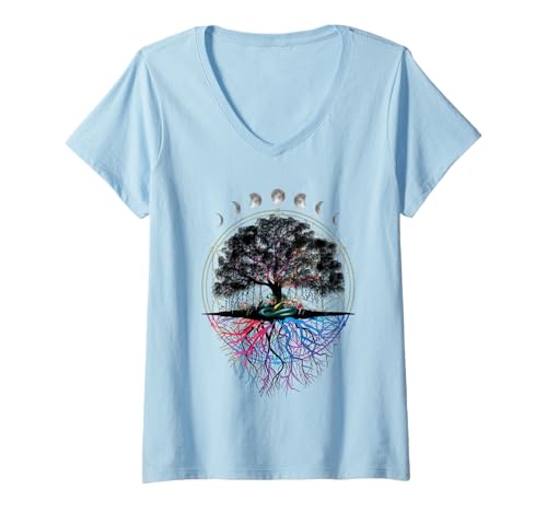 Damen Phases of the Moon Retro 60er 70er 80er Jahre Vibe Tree of Life T-Shirt mit V-Ausschnitt Damen Phases of the Moon Retro 60er 70er 80er Jahre Vibe Tree of Life T-Shirt mit V-Ausschnitt von Absolute Awesome Vibes sacred journey