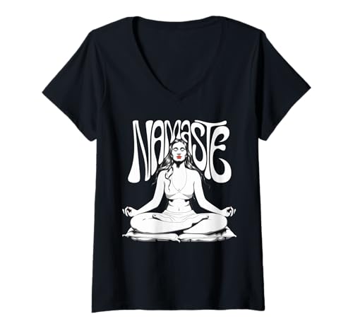 Damen NAMASTE WE ARE ONE Meditation Sprüche Mandala Yoga T-Shirt mit V-Ausschnitt von Absolute Awesome Yoga Vibes