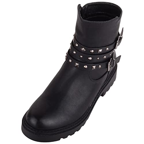 Damen-Stiefeletten aus Kunstleder, mit Reißverschluss, dekorativ, mit Nieten, klobige Stiefeletten, Schwarz , 40 EU von ABSOLUTE FOOTWEAR