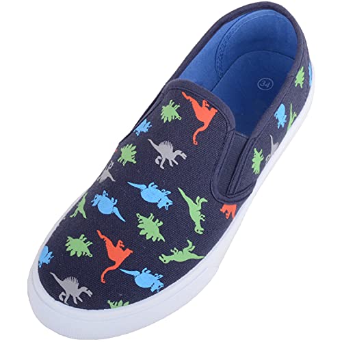 Kinder/Kinder/Jungen Slip On Casual Zwillingszwickel Sommer Canvas Schuhe Pumps Turnschuhe mit Dinosaurier Design, Blau - blau - Größe: 33 EU von ABSOLUTE FOOTWEAR