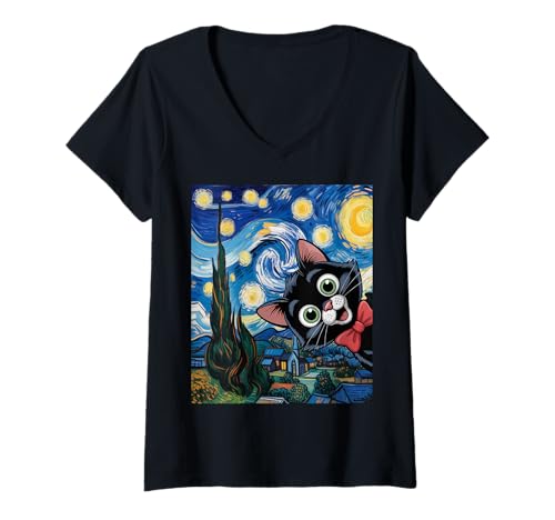 Damen Cartoon Kitty Sternennacht/Katze Malspaß T-Shirt mit V-Ausschnitt Damen Cartoon Kitty Sternennacht/Katze Malspaß T-Shirt mit V-Ausschnitt von Abstract Cat