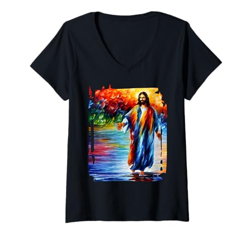 Damen Jesus geht auf dem Wasser T-Shirt mit V-Ausschnitt Damen Jesus geht auf dem Wasser T-Shirt mit V-Ausschnitt von Abstract Design