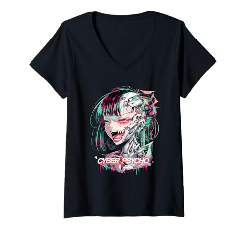 Damen Psychedelischer Cyberpunk Trippy Rainbow Cyber Psycho T-Shirt mit V-Ausschnitt Damen Psychedelischer Cyberpunk Trippy Rainbow Cyber Psycho T-Shirt mit V-Ausschnitt von Abstract Festival Rave EDM Party Streetwear Tees
