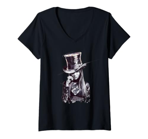 Damen Frau mit Zylinderhut Fashion Statement T-Shirt mit V-Ausschnitt Damen Frau mit Zylinderhut Fashion Statement T-Shirt mit V-Ausschnitt von Abstract Geometric Fashion Art Enthusiasts
