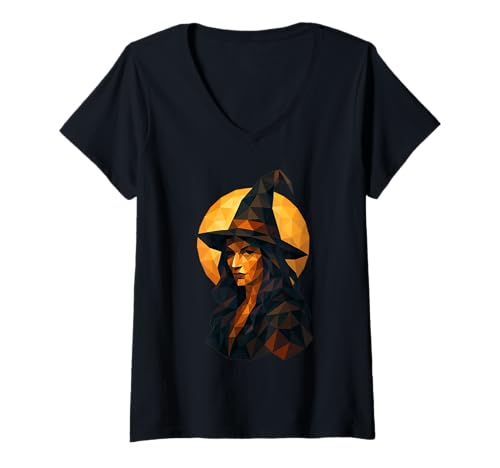 Damen Geometrische Vollmond Hexe Hexe Low Poly Wicca T-Shirt mit V-Ausschnitt von Abstract Geometric Gothic Witchcraft Pagan Design