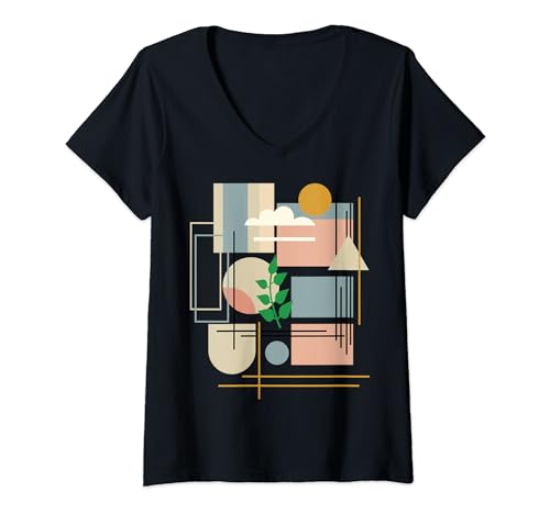Damen Minimalistische abstrakte Kunst mit einfachen geometrischen Formen T-Shirt mit V-Ausschnitt Damen Minimalistische abstrakte Kunst mit einfachen geometrischen Formen T-Shirt mit V-Ausschnitt von Abstract Geometric Symphony