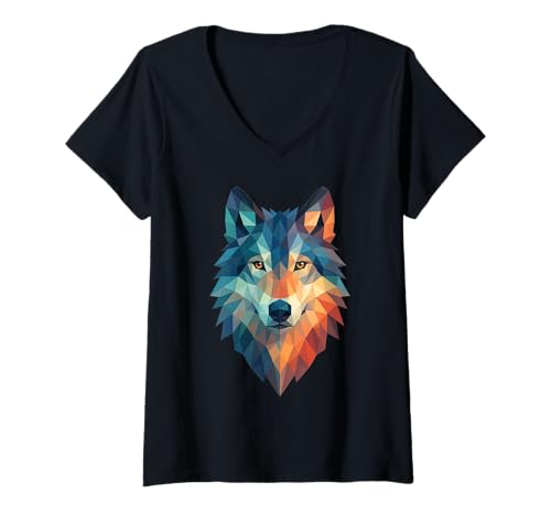 Damen Niedriger polygonaler geometrischer Wolfskopf Wildtiere T-Shirt mit V-Ausschnitt Damen Niedriger polygonaler geometrischer Wolfskopf Wildtiere T-Shirt mit V-Ausschnitt von Abstract Geometric Wolf Head Polygon Triangles