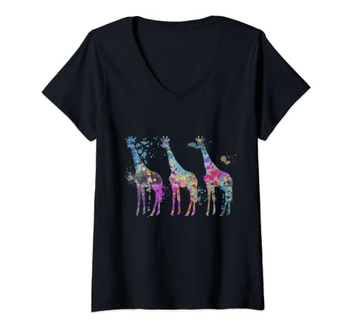 Damen Giraffe bunte Aquarell-Silhouette Giraffen T-Shirt mit V-Ausschnitt von Abstract Giraffes Silhouette